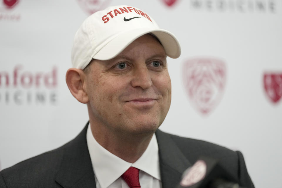 Troy Taylor speaks after being introduced as the new head NCAA college football coach at Stanford during a news conference, Monday, Dec. 12, 2022, in Stanford, Calif. (AP Photo/Tony Avelar)