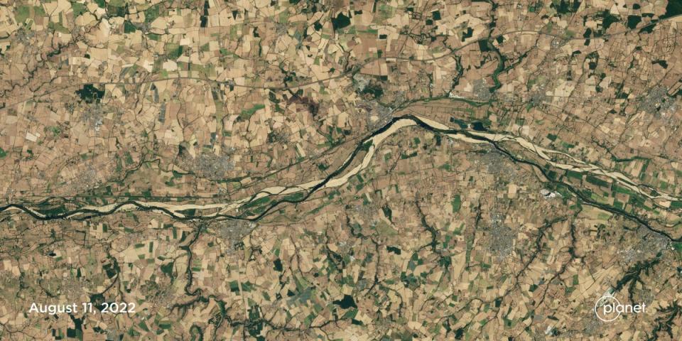 Low river levels and dry fields along the Loire River near Saint-Florent-le-Vieil, France (Planet Labs PBC)