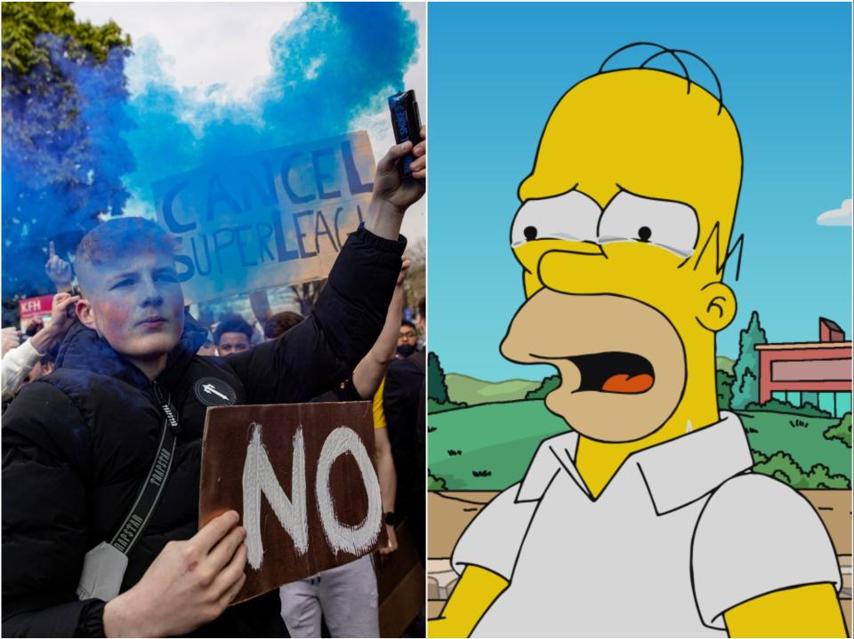 (Left) Protesters outside Stamford Bridge rallying against the European Super League and (right) Homer Simpson (Getty/Fox)