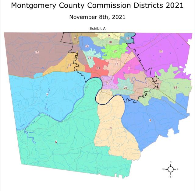 Montgomery County&#39;s 21 proposed county commission district boundaries after reapportionment from the 2020 Census
