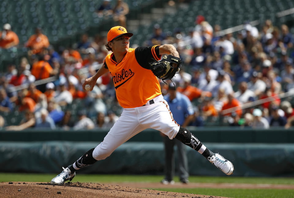 Baltimore Orioles starting pitcher Jimmy Yacabonis throws to the New York Yankees in the first inning of a baseball game, Saturday, Aug. 25, 2018, in Baltimore. (AP Photo/Patrick Semansky)