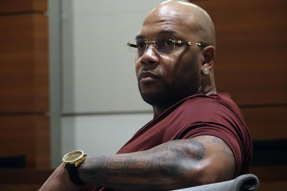 Rapper Tramar Dillard, known as Flo Rida, appears in a Broward County courtroom Tuesday, Jan. 10, 2023, in Fort Lauderdale, F.a. The rapper is suing energy drink maker Celsius for breach of contract in an endorsement deal. (Joe Cavaretta/South Florida Sun-Sentinel via AP, Pool)