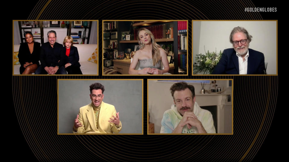 UNSPECIFIED: 78th Annual GOLDEN GLOBE AWARDS -- Pictured in this screengrab released on February 28, (l-r) Best Television Series – Musical or Comedy nominees Darren Star, Kaley Cuoco, Tony McNamara, Dan Levy, and Jason Sudeikis speak during the 78th Annual Golden Globe Awards broadcast on February 28, 2021. -- (Photo by NBC/NBCU Photo Bank via Getty Images)