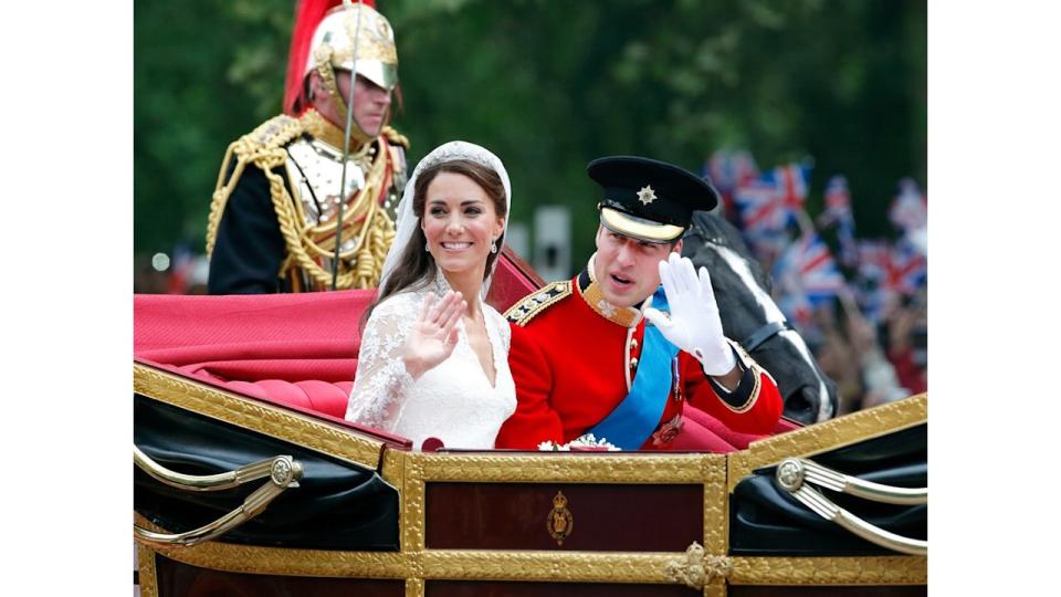 Kate Middleton and Prince William wave from State Landau horse drawn carriage