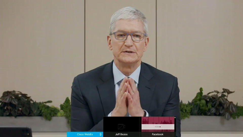 Apple CEO Tim Cook testifies remotely via videoconference during a U.S. House Judiciary Subcommittee on Antitrust, Commercial and Administrative Law hearing on "Online Platforms and Market Power" in this screengrab made from video as the committee meets on Capitol Hill, in Washington, U.S., July 29, 2020.  U.S. House Judiciary Committee via REUTERS