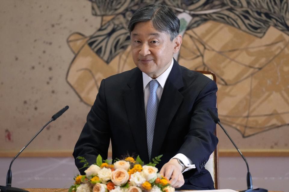 Japan's Emperor Naruhito attends a press conference at the Imperial Palace in advance of his visit to Britain, Wednesday, June 19, 2024, in Tokyo. (AP Photo/Eugene Hoshiko, Pool)