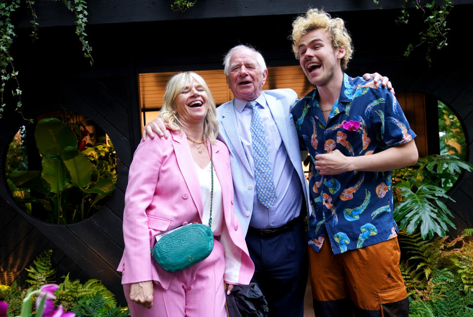 Johnny Ball (centre) celebrates his 84th birthday with his daughter Zoe Ball (left) and grandson Woody Cook during the RHS Chelsea Flower Show press day, at the Royal Hospital Chelsea, London. Picture date: Monday May 23, 2022. (Photo by Yui Mok/PA Images via Getty Images)