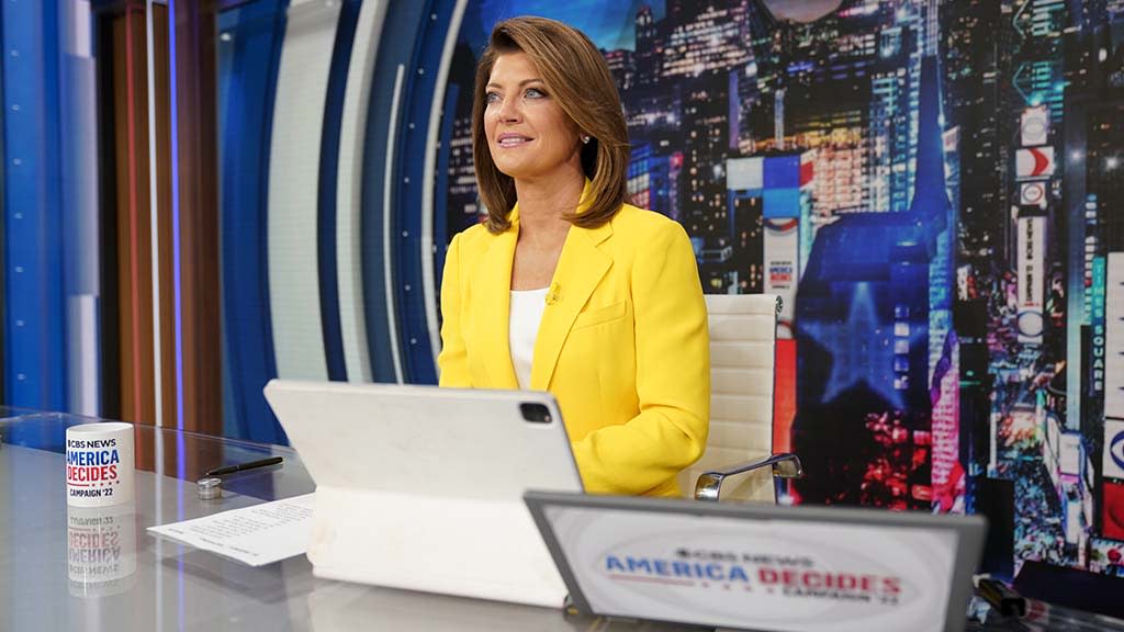 Norah O'Donnell anchoring CBS News coverage on election night 2022. 