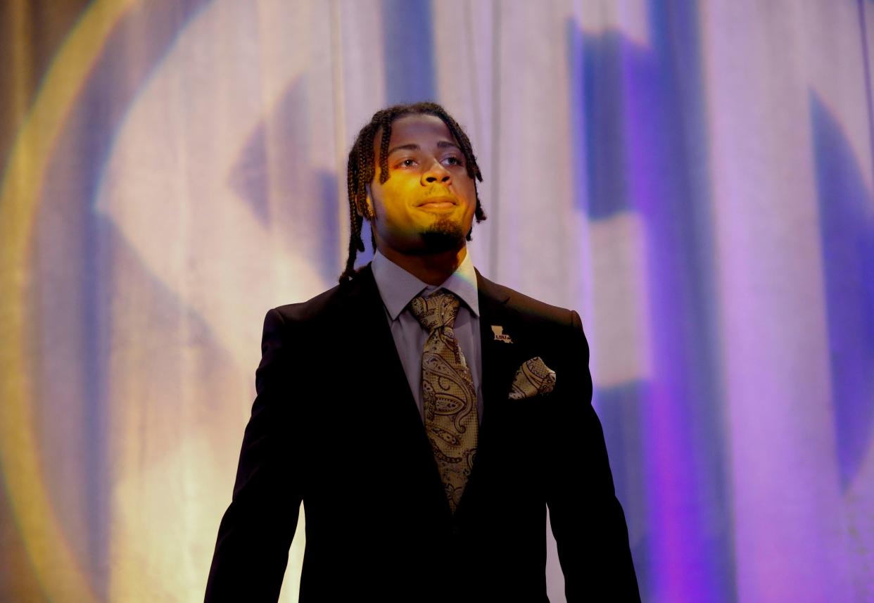 LSU defensive back Derek Stingley Jr. leaves the main media room at SEC Media Days in the Hyatt Regency in Hoover, Ala., Monday, July 19, 2021. [Staff Photo/Gary Cosby Jr.]