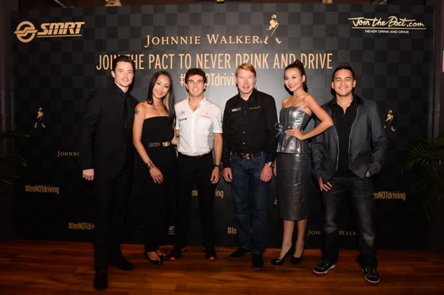 Johnnie Walker "Join the Pact" ambassadors - from left - Olli Pettigrew, Rosalyn Lee, Sergio Perez, Mika Hakkinen, Thanh Hang and Mario Lawalata. (Johnnie Walker Singapore)