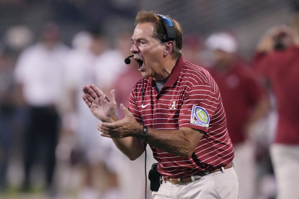 Alabama head coach Nick Saban urges his team after a Mississippi State touchdown during the first half of an NCAA college football game, Saturday, Sept. 30, 2023, in Starkville, Miss. Alabama won 40-17.(AP Photo/Rogelio V. Solis)