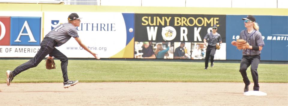 Little Falls shortstop Dominick Izzo (left) flips the ball to second baseman Xavier Dunn to start a fifth-inning double play against the Schuyler Storm Saturday at Mirabito Stadium in Binghamton.