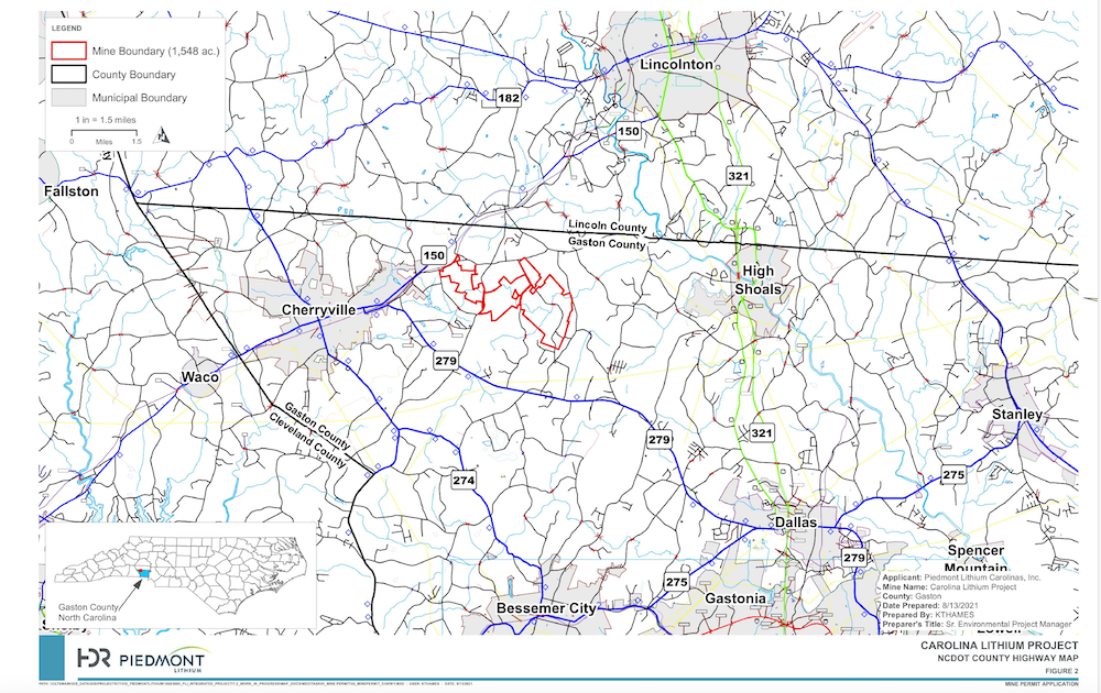 This map shows the location of the proposed 1,500-acre Piedmont Lithium mine, just east of Cherryville in Gaston County.