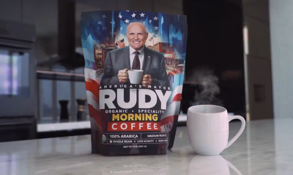 Rudy Giuliani’s new coffee product, pictured, comes as he faces bankruptcy (Rudy Giuliani)