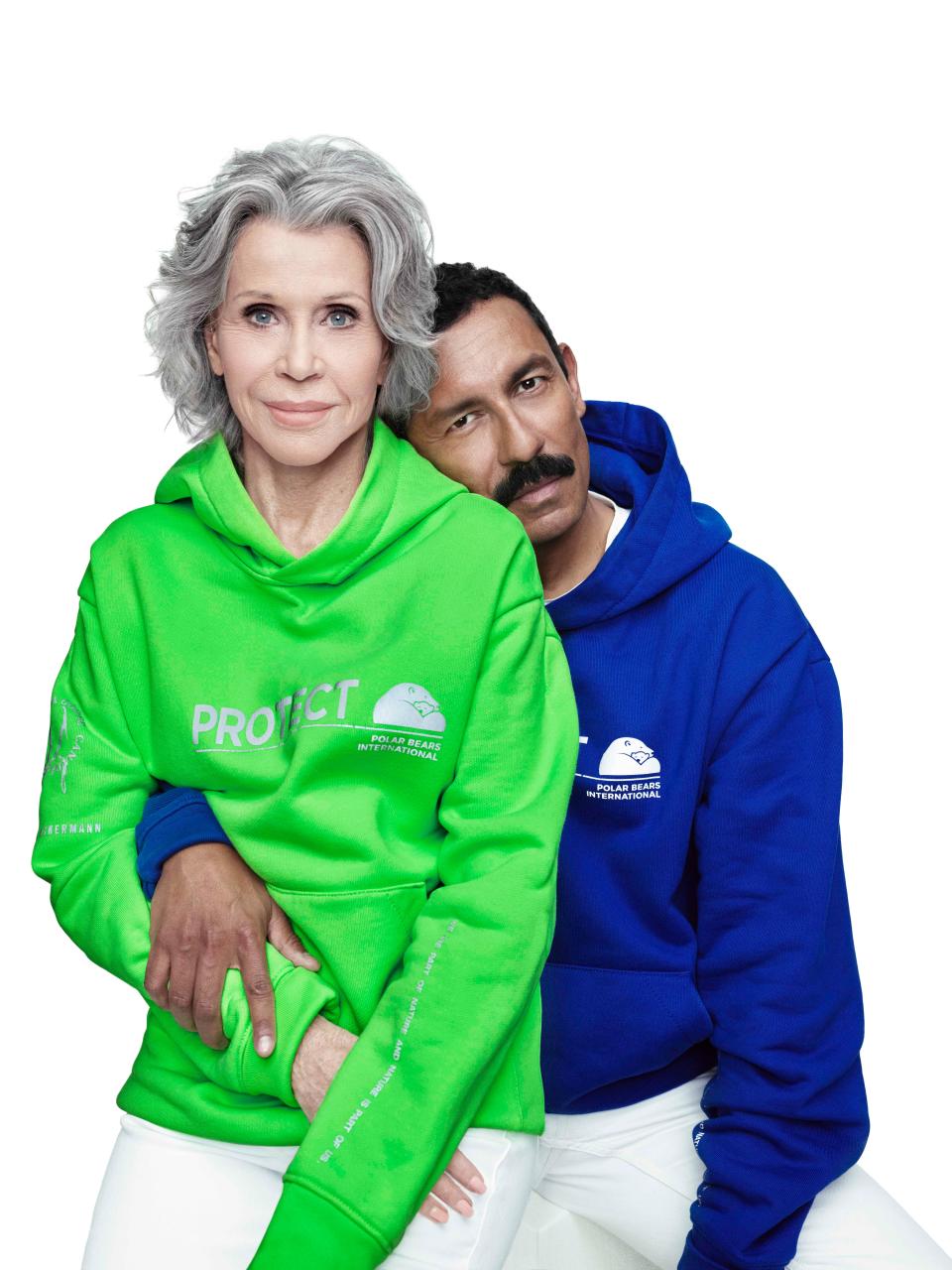 Jane Fonda and Ackermann wearing Canada Goose's new sweatshirts, designed in support of the non-profit Polar Bears International.