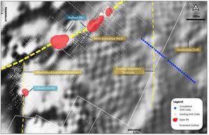 Aeromagnetic image showing the Burnakura Shear Zone and subsidiary structures and completed drill hole collars at the Authaal East target area