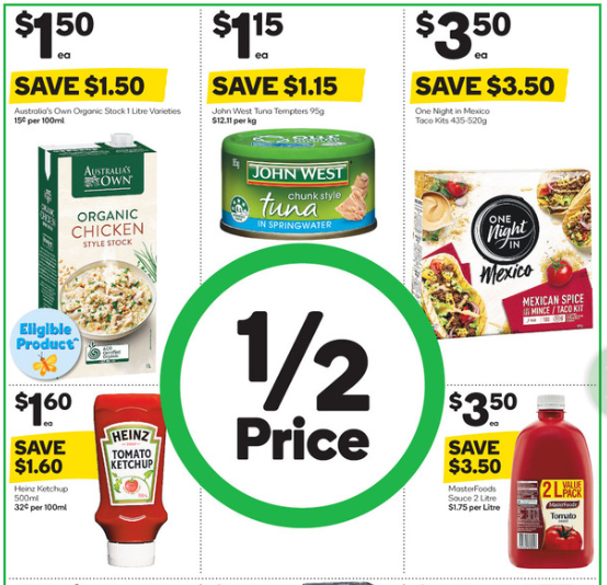 Various food items advertised for half-price at Woolworths.