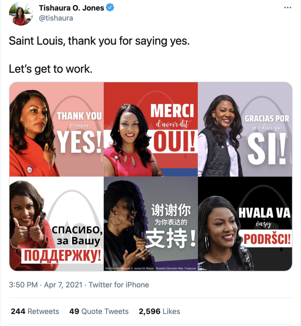 A screenshot of St. Louis Mayor-elect Tishaura Jones’ tweet after her victory became final.