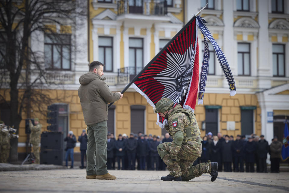 Ukrainian President Volodymyr Zelenskyy led commemorative events in Kyiv on Friday and praised his country's resilience.  (AP)