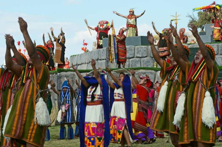 Actors perform in a recreation during the Inti Raymi or Sun Festival at the Sacsahuaman fortress compound in the hills above the Andean city of Cuzco