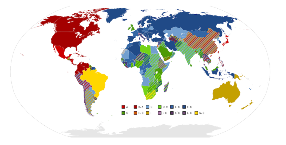 spread of plugs around the world（Photo via worldstandards）