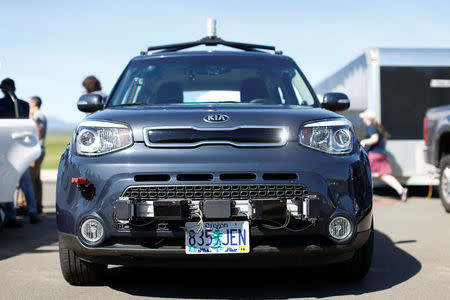 Sensors are seen mounted on a PolySync self-driving vehicle during a self-racing cars event at Thunderhill Raceway in Willows, California, U.S., April 1, 2017. REUTERS/Stephen Lam