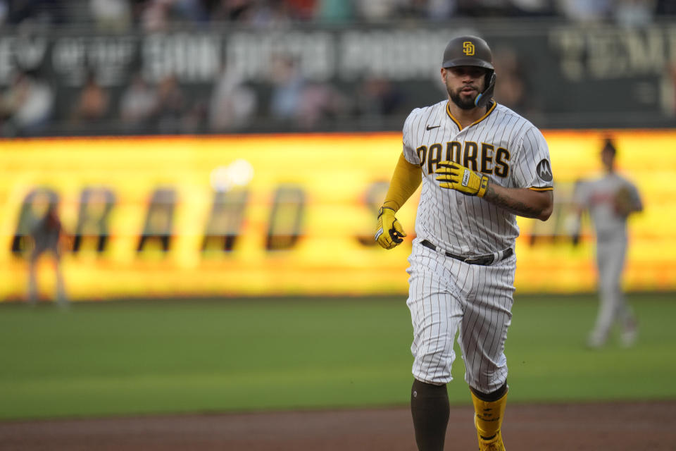 San Diego Padres' Gary Sanchez rounds the bases after hitting a grand slam during the first inning of a baseball game against the Baltimore Orioles, Tuesday, Aug. 15, 2023, in San Diego. (AP Photo/Gregory Bull)