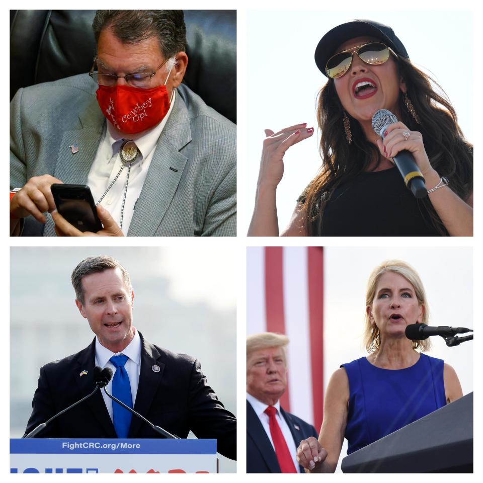 In Colorado's 3rd District, Don Coram (top left) is challenging Lauren Boebert (top right). In Illinois' 15th District, Rep. Rodney Davis is challening Rep. Mary Miller.  / Credit: AP/Getty Images/Getty Images/Getty Images