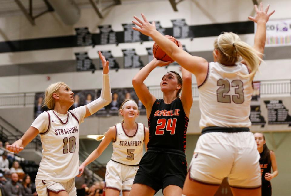 Republic's Kaemyn Bekemeier shoots a basket as the Lady Tigers take on Strafford during the 35th Willard Basketball Classic at Willard High School on Wednesday, Nov. 30, 2022.