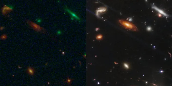 Side by side collage of the Hubble and James Webb space telescope pictures are zoomed in around select galazies to show the difference in resolution.