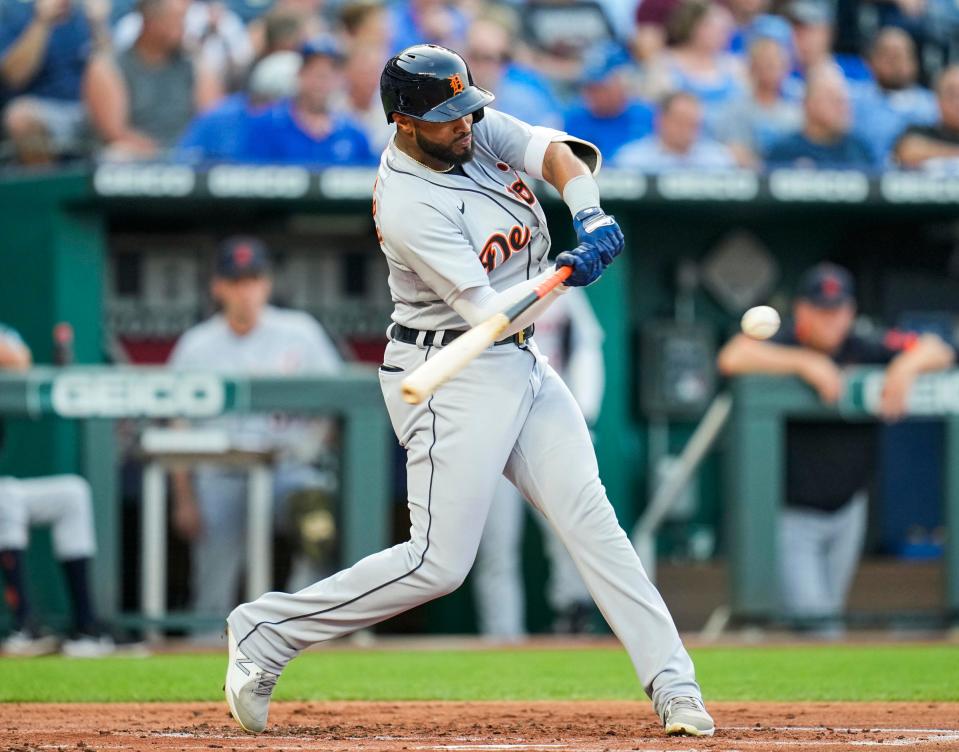 Tigers designated hitter Willi Castro hits a home run against the Royals during the third inning on Friday, July 23, 2021, in Kansas City, Missouri.