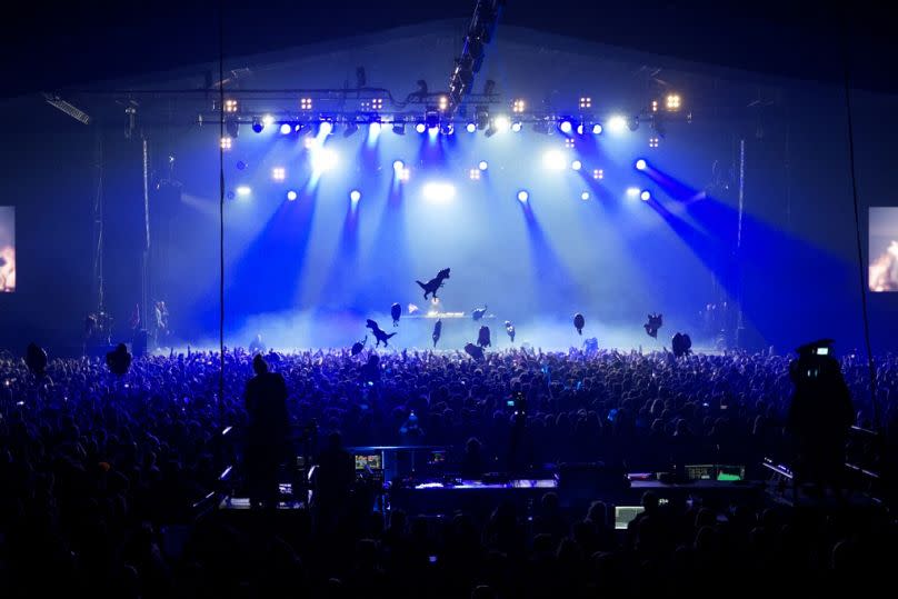 French DJ Christophe Le Friant known as Bob Sinclar performs on stage during the 47th edition of the Printemps de Bourges Festival on April 22, 2023