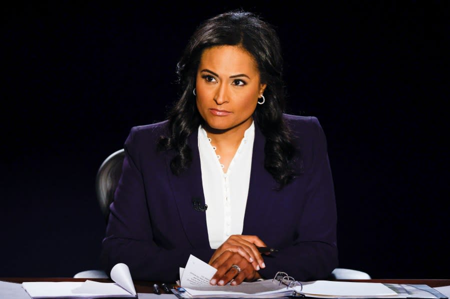 Moderator Kristen Welker facilitates the debate between U.S. President Donald Trump and Democratic presidential nominee Joe Biden at Belmont University on October 22, 2020 in Nashville, Tennessee. (Photo by Jim Bourg-Pool/Getty Images)