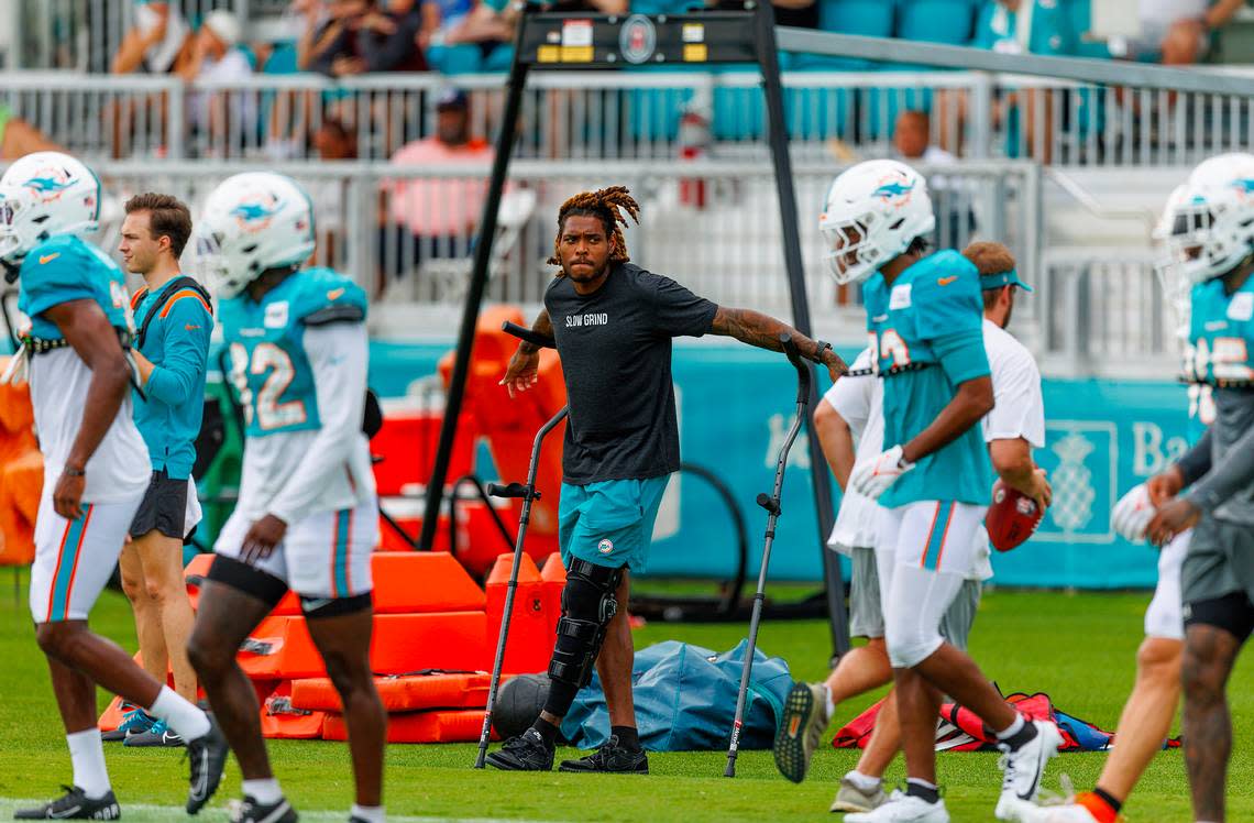 Miami Dolphins Dolphins cornerback Jalen Ramsey (5) looks from the sidelines during NFL football training camp at Baptist Health Training Complex in Hard Rock Stadium on Tuesday, August 1, 2023 in Miami Gardens, Florida.