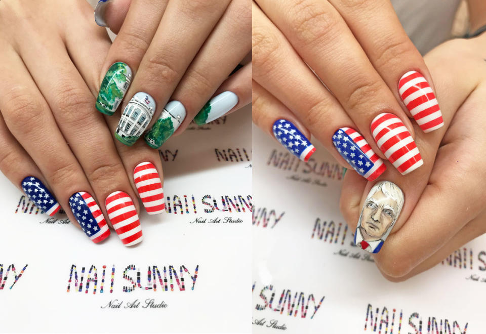 Nail Sunny’s American flag, White House, and Donald Trump designs. (Photo: Julie Tong for Yahoo Lifestyle)