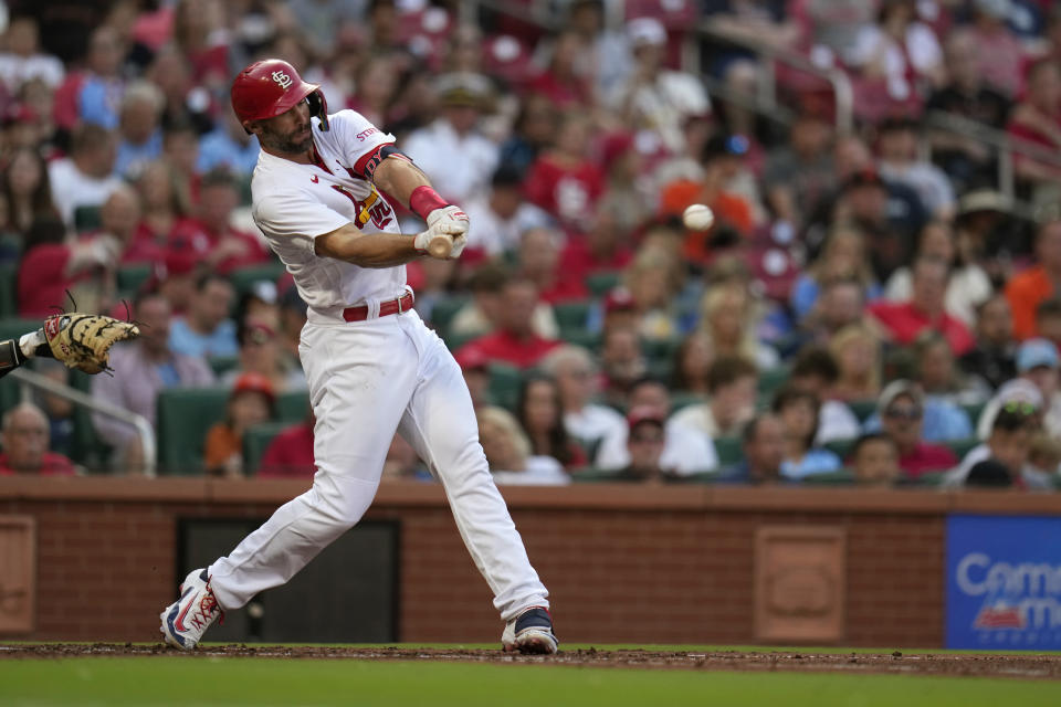 St. Louis Cardinals' Paul Goldschmidt singles during the second inning of a baseball game against the San Francisco Giants Tuesday, June 13, 2023, in St. Louis. (AP Photo/Jeff Roberson)