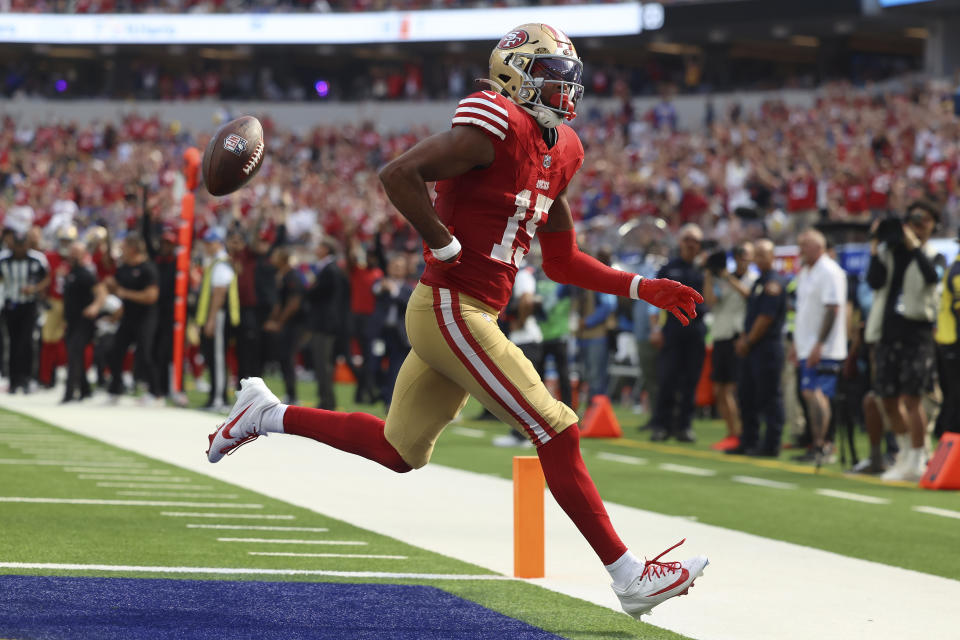 San Francisco 49ers wide receiver Jauan Jennings (15) reacts after scoring against the Los Angeles Rams during the second half of an NFL football game on Sunday, Sept. 22, 2024, in Inglewood, Calif. (AP Photo/Ryan Sun)