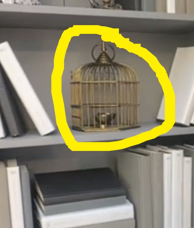 small birdcage on a bookshelf