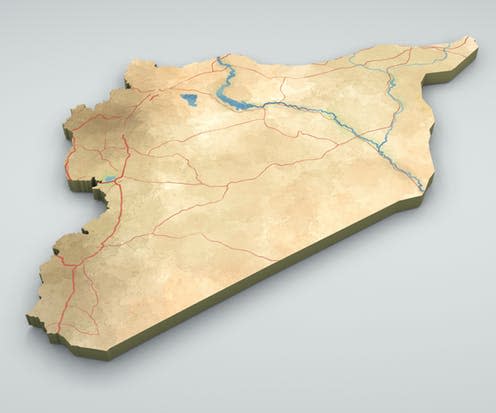 <span class="caption">Syria is a battlefield for outsiders.</span> <span class="attribution"><a class="link " href="https://www.shutterstock.com/image-illustration/syria-map-physical-hand-drawn-3d-365960330?src=TcFyTBDtRs1mITkZkkbMwQ-1-24" rel="nofollow noopener" target="_blank" data-ylk="slk:Naeblys via Shutterstock;elm:context_link;itc:0;sec:content-canvas">Naeblys via Shutterstock</a></span>