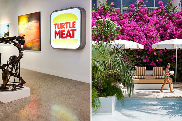 <p>Alpha Smoot</p> From left: Our Way 1994-1999, by Caymanian artist Wray Banker, hangs in the National Gallery of the Cayman Islands; a bougainvillea-fringed swimming pool at Palm Heights.