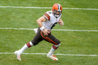 Cleveland Browns quarterback Baker Mayfield (6) scrambles out of the pocket during the first half of an NFL football game against the Pittsburgh Steelers in Pittsburgh, Sunday, Oct. 18, 2020. (AP Photo/Gene J. Puskar)