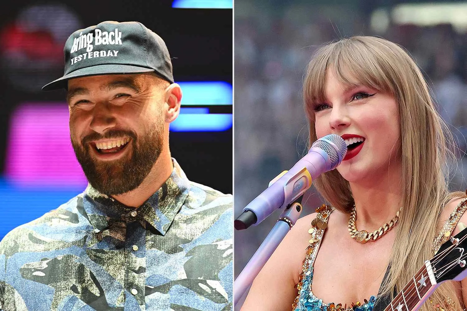 <p>Stephen Lovekin/Shutterstock; Kevin Mazur/Getty</p> Travis Kelce and Taylor Swift.