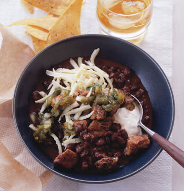 Black Bean Chili with Crispy Pork and Poblano Salsa