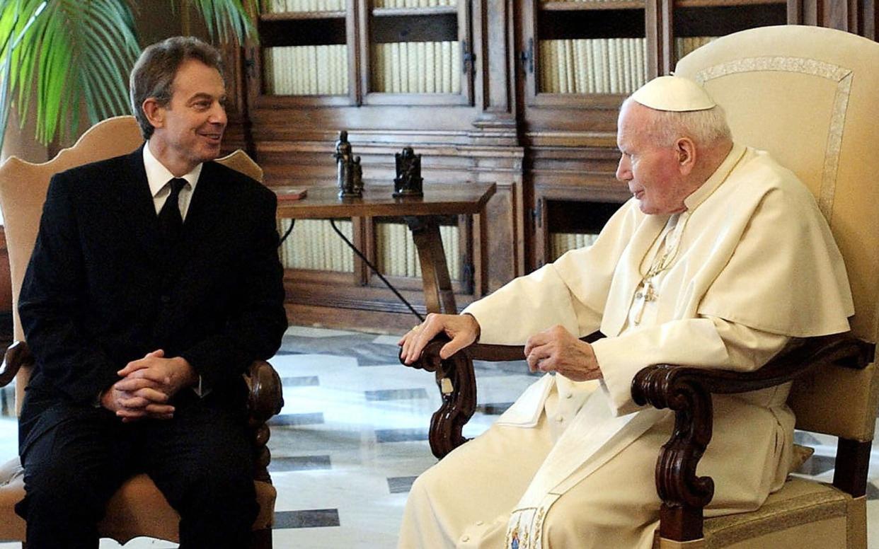 Prime Minister Tony Blair meeting Pope John Paul II in Vatican City, 2003 - Osservatore Romano/AFP/Getty