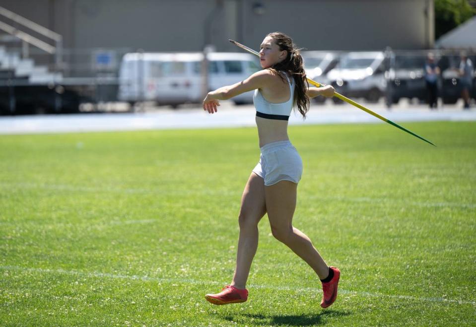 McKenna Alderman throws the javelin during a workout at Modesto Junior College in Modesto, Calif., Tuesday, May 14, 2024. Alderman will compete in the heptathlon and high Jump at the state track meet.