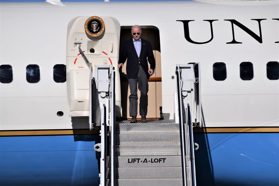 President Joe Biden exits Air Force One at Pueblo Memorial Airport on Nov. 29, 2023. The president's stop in Pueblo featured a visit to the world's largest wind turbine manufactory, CS Wind.
