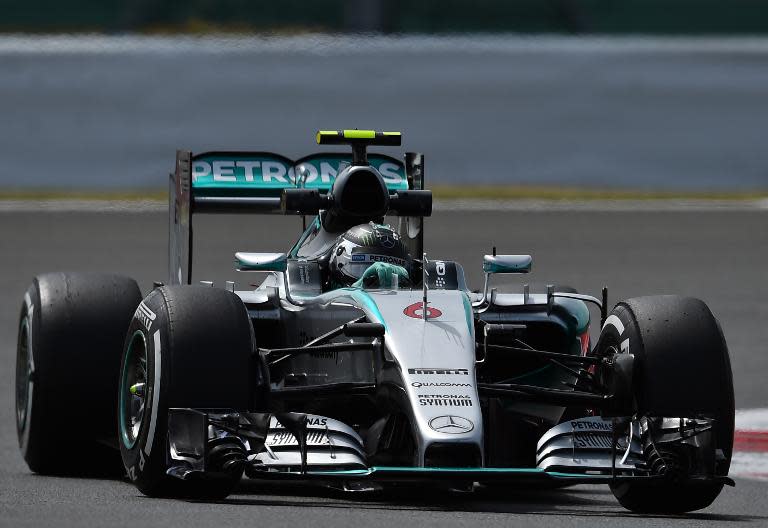 Mercedes AMG Petronas F1 Team's German driver Nico Rosberg drives during the second practice session at the Silverstone circuit in Silverstone on July 2, 2015 ahead of the British Formula One Grand Prix