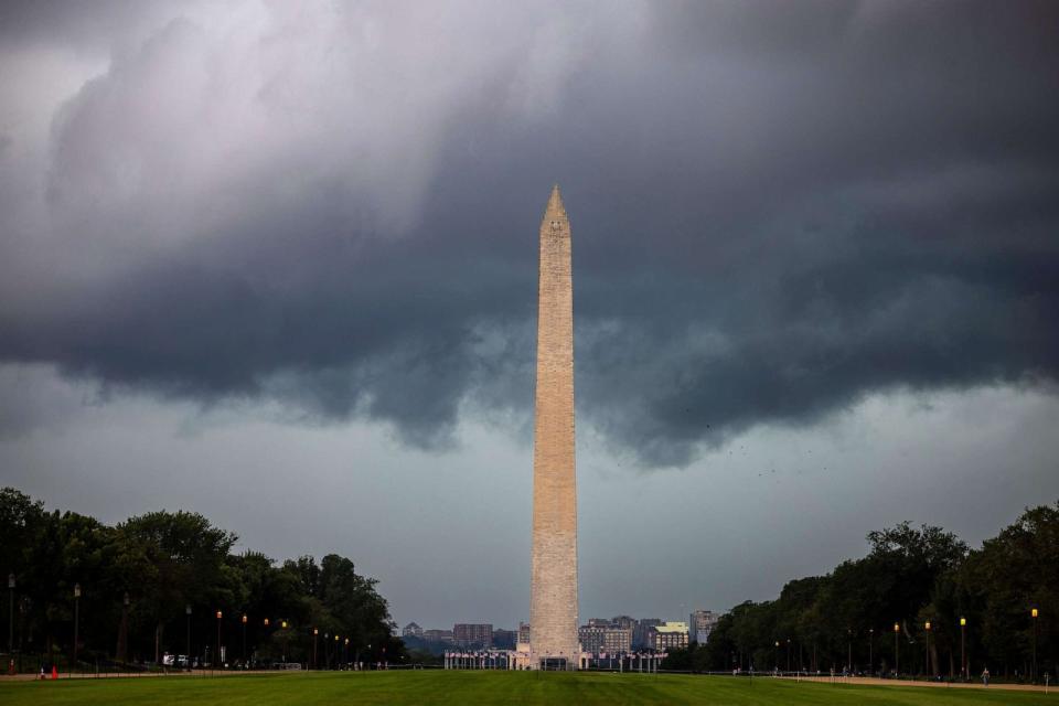 PHOTO: A summer derecho approaches the National Mall in Washington, DC, Aug. 7, 2023. For the first time in more than 10 years, the National Weather Service issued a rare 'Level 4' risk for severe storms across the DC region. (Jim Lo Scalzo/EPA-EFE/Shutterstock)