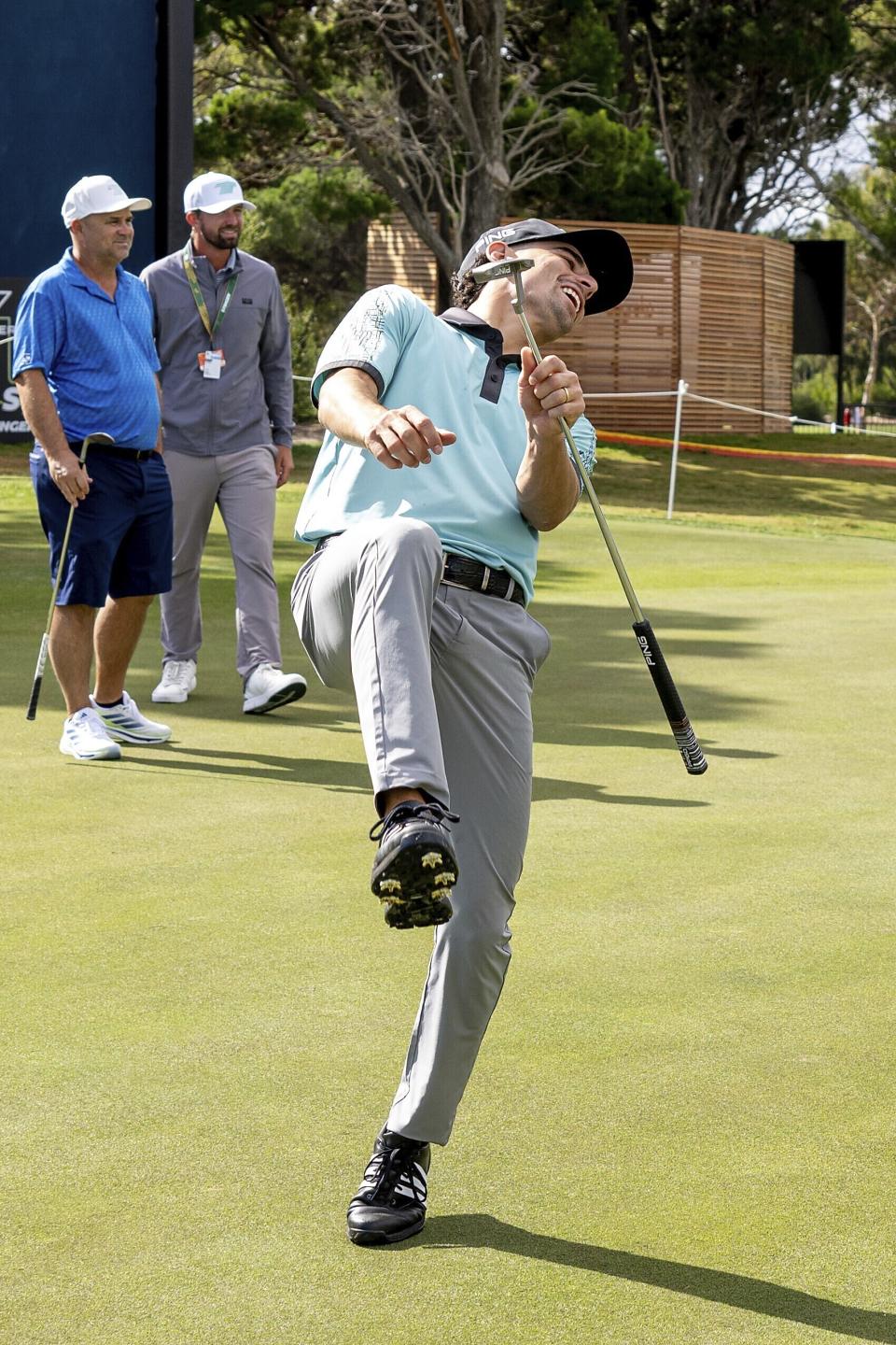 Captain Joaquín Niemann of Torque GC reacts during the practice round for LIV Golf Adelaide at the Grange Golf Club Thursday, April 25, 2024, in Adelaide, Australia. (Charles Laberge/LIV Golf via AP)