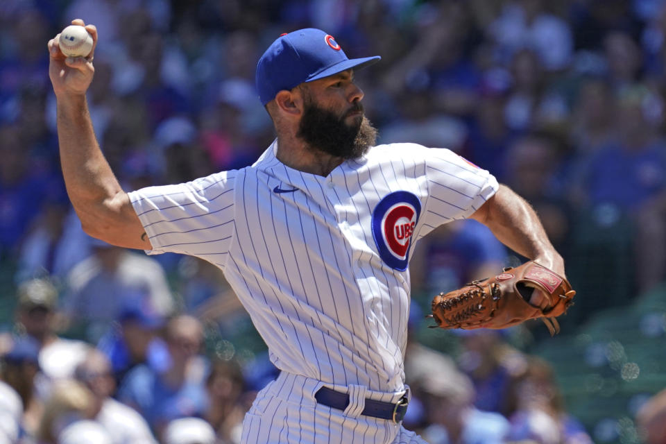 Chicago Cubs starting pitcher Jake Arrieta throws against the Miami Marlins during the first inning of a baseball game in Chicago, Saturday, June 19, 2021. (AP Photo/Nam Y. Huh)